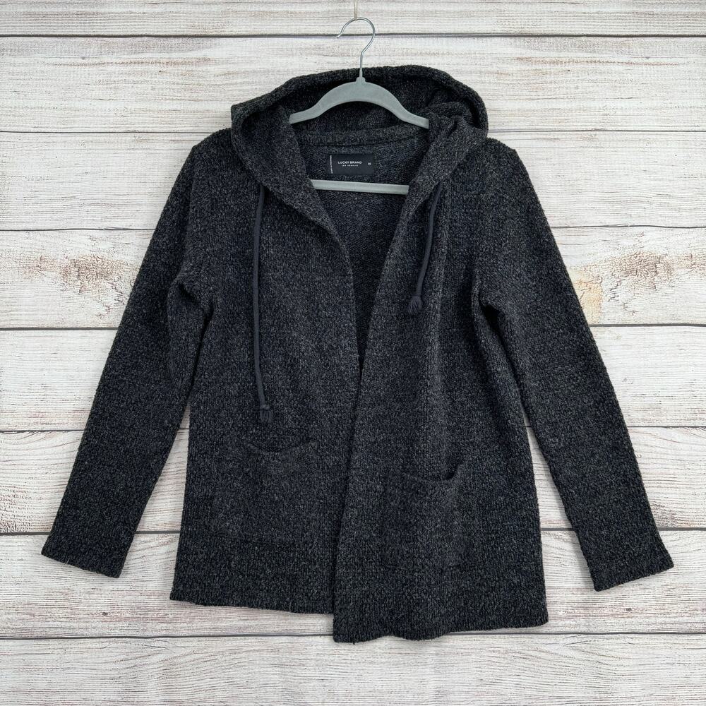 Lucky‎ Brand Hooded Cardigan Sweater Womens XS Gray Black Open Front